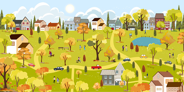 Spring landscape in city with happy people walking at the park,Vector illustration cartoon Summer season in the town with green foliage,Peaceful panorama natural in the town