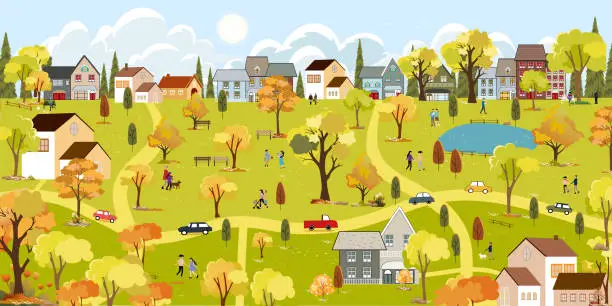 Vector illustration of Spring landscape in city with happy people walking at the park,Vector illustration cartoon Summer season in the town with green foliage,Peaceful panorama natural in the town