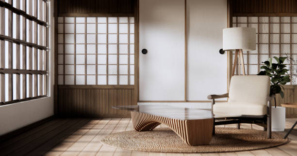 istock Sofa armchair in japanese living room with empty wall. 2084146145