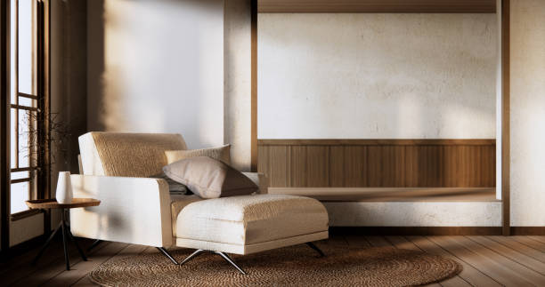 istock Sofa armchair in japanese living room with empty wall. 2084148829