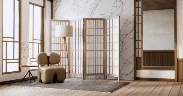 istock Sofa armchair in japanese living room with empty wall. 2084149889