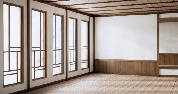 istock Minimalist Interior with wooden japan empty wall background mockup 2084149904