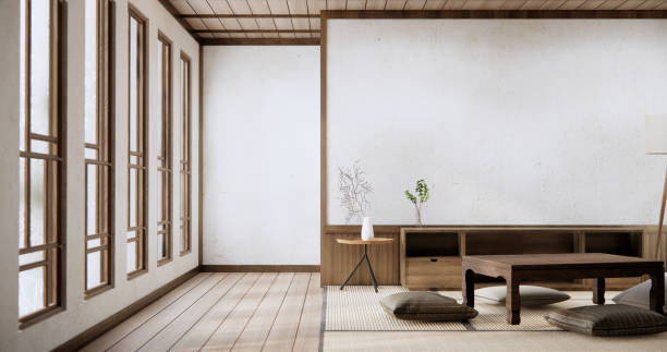 istock Modern with low table and pillow on minimal room japan style. 2084149915