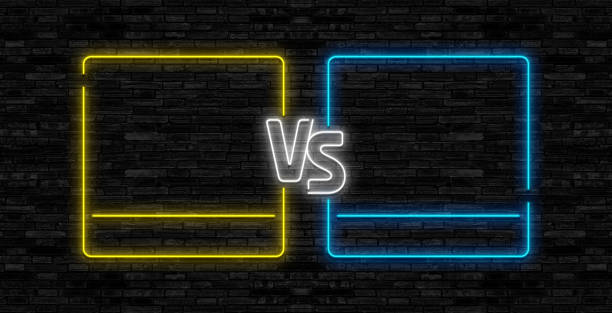 istock VS neon. Versus battle game banner with neon empty frames. Boxing match duel, slag competition business confrontation vector illustration. 2084160485