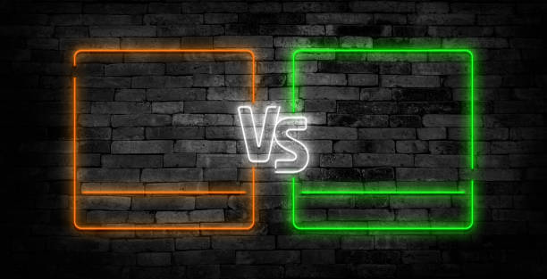 istock VS neon. Versus battle game banner with neon empty frames. Boxing match duel, slag competition business confrontation vector illustration. 2084160500