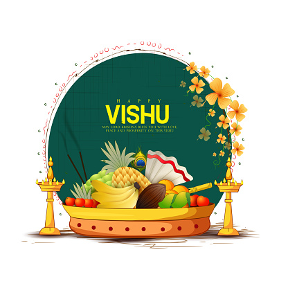 illustration vecter sketch of vishu festival for kerala new year (vishukkani) poster, card, greeting, design with abstract background.