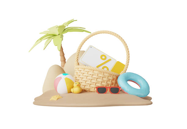istock Summer elements 3d icon clipart island isolated on white background, Minimal Realistic objects for mock-up with summer theme, beach umbrella, sand, inflatable ring, vacation time to travel. 2084161572