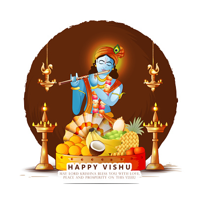 illustration vecter sketch of vishu festival for kerala new year (vishukkani) poster, card, greeting, design with abstract background.