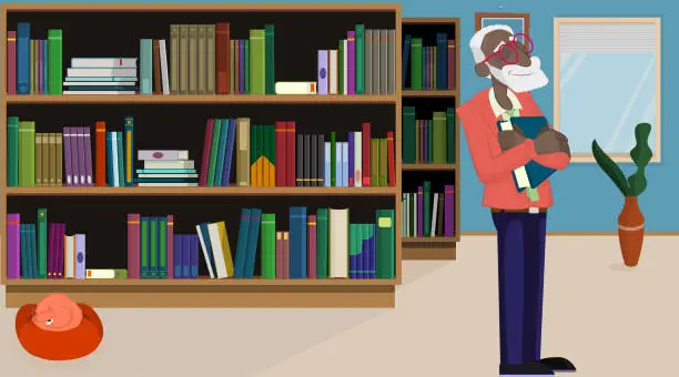 Vector illustration of Library. Happy writer with his published book in his hands. Shelves of books, and cat lying down.