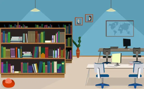 Vector illustration of Modern Library - book shelves and computers - space for studies and learning - background scenary. good for motion design
