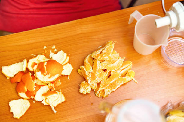 Orange zest and slices on the table