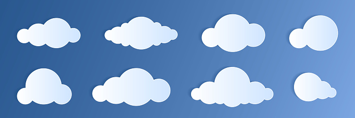 Paper cut clouds set on blue sky background. Forecast white cloud icon symbol collection. 3D Papercraft frame icon for posters and flyers, presentation, web, social media, design, banner and sticker.