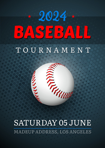 Baseball tournament poster with red and blue text and a ball on a dark textured halftone pattern background