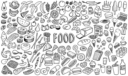 Hand drawn vector food illustrations. Sushi, meat, chicken, burgers, pizza, fries, hot dogs, ice cream, fruit, vegetables. Healthy and unhealthy food choices