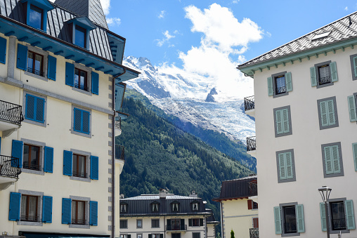 View of Mont Blanc mountain from ski resort below at low angle