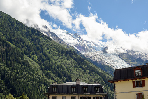 View of Mont Blanc mountain from ski resort below at low angle