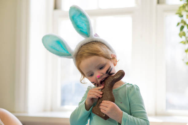 Biting a Chocolate Easter Bunny Cute little girl in a pastel blue shirt with costume rabbit ears and whiskers painted on her face is biting onto a chocolate Easter bunny that she received in her Easter basket for the holiday. chocolate bunny stock pictures, royalty-free photos & images