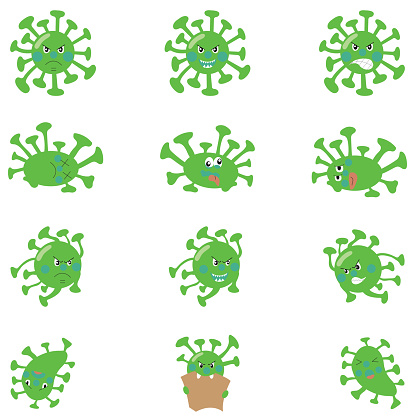 A set of viruses, aggressive and weakened, funny. Coronovirus. Cartoon style. Vector stock illustration isolated on white background.