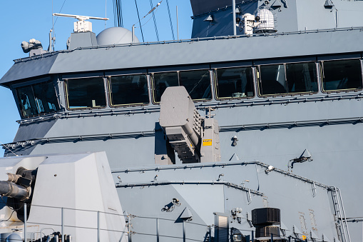 Gothenburg, Sweden - March 05 2023: RIM-116 Rolling Airframe Missile launcher on a warship.