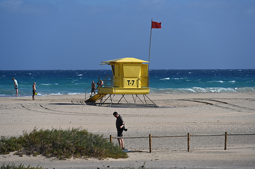 A lifeguard tower on Moonlight Beach in Encinitas, California, located in San Diego County.