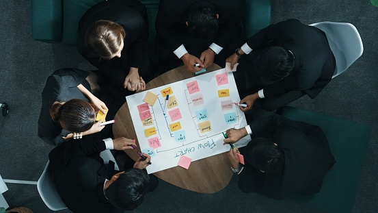 Close up of professional business team hands writing and putting sticky note on scrum task board. Top view of project manager write task and use kanban board to manage time and workflow. Directorate.