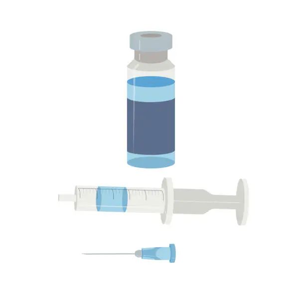 Vector illustration of Glass bottle with vaccine, medicinal preparation in liquid form. disposable syringe and needle. Vector stock illustration isolated on white background.