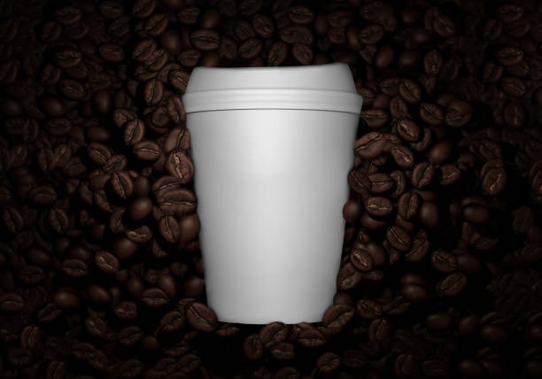 Overhead view of coffee beans in cup with spilled seeds and powder in machine portafilter on wooden table with seamless pattern