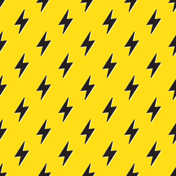 Vector illustration of Lightning bolts Seamless Pattern. Yellow and Black repeating background.