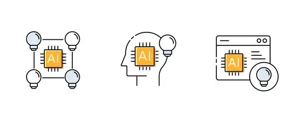 Vector illustration of AI brainstorming, idea generation AI, creative AI, brainstorming companion, AI ideation, AI creativity, AI inspiration. Vector icons with editable stroke.