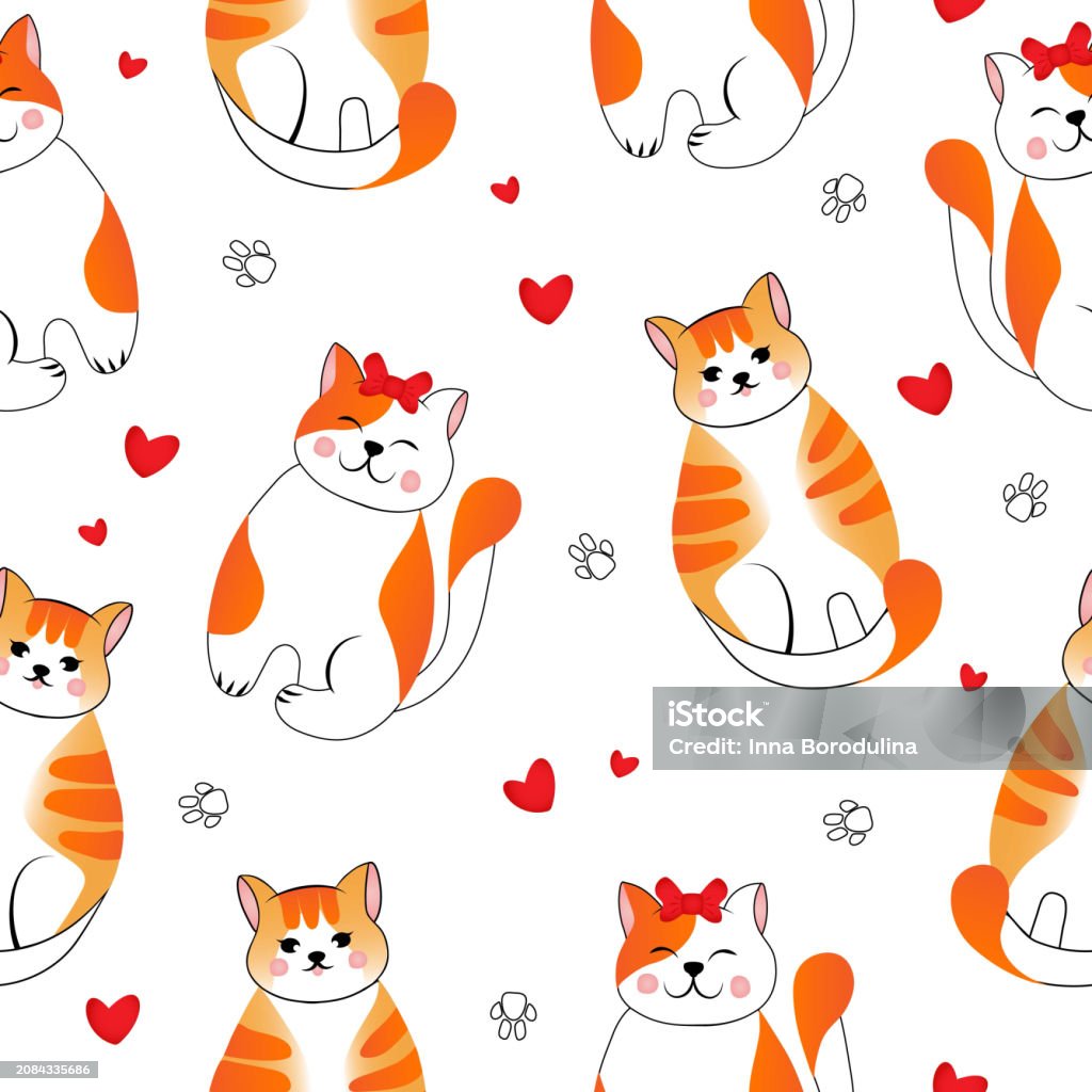 Red Pattern Cat Seamless Pattern With Many Different Red Cats On White Background ...