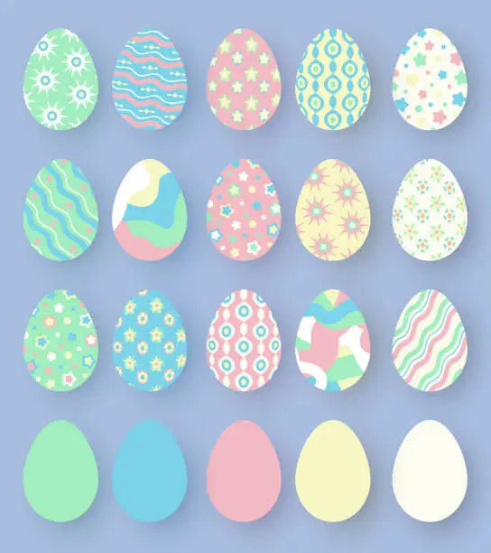 Vector illustration of Collection of flat colorful painted Easter eggs isolated on transparent background.