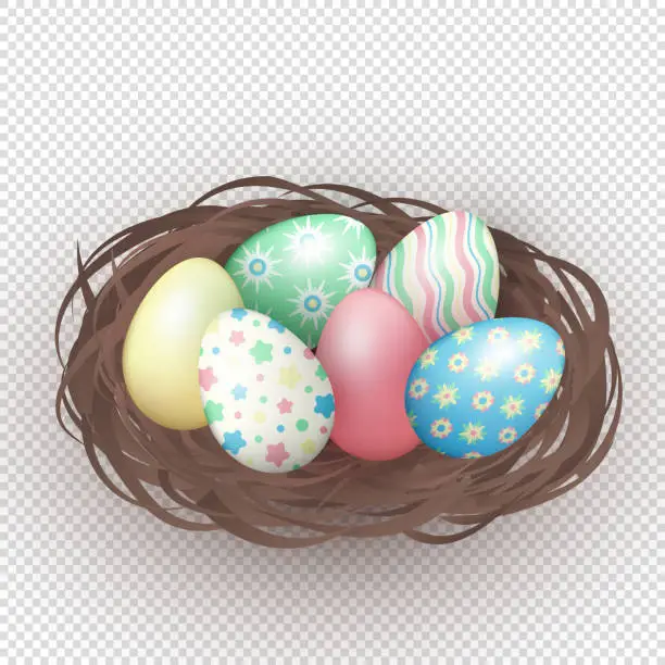 Vector illustration of 3d nest with colorful painted Easter eggs on transparent background