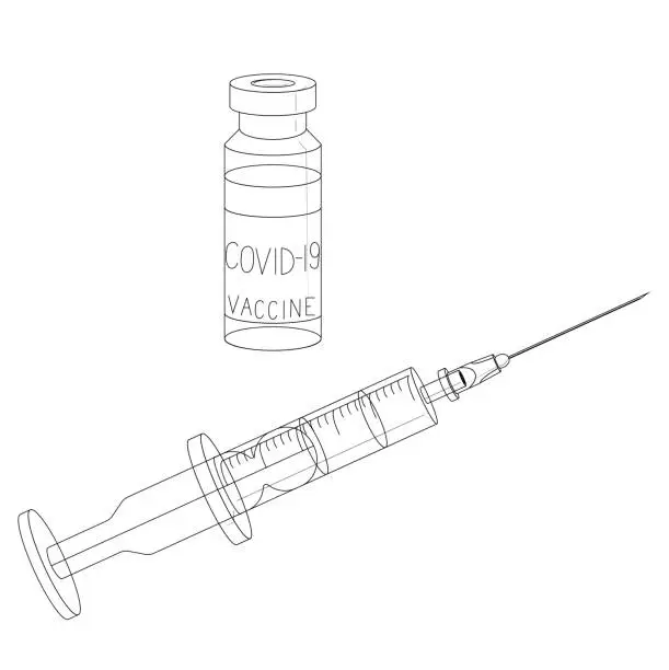 Vector illustration of Glass bottle with vaccine, medicinal preparation in liquid form. disposable syringe and needle. Vector stock illustration isolated on white background.