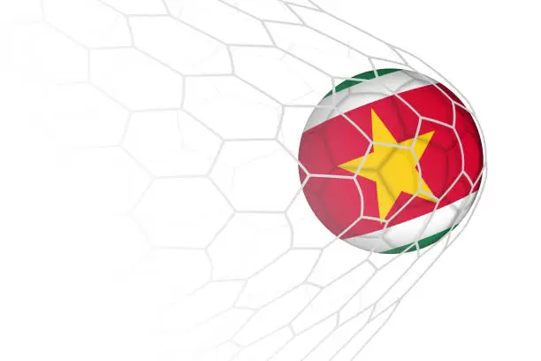 Vector illustration of Suriname flag soccer ball in net.