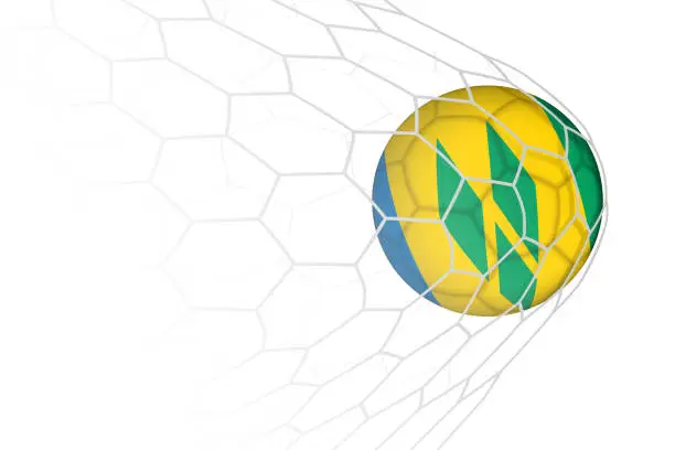 Vector illustration of Saint Vincent and the Grenadines flag soccer ball in net.