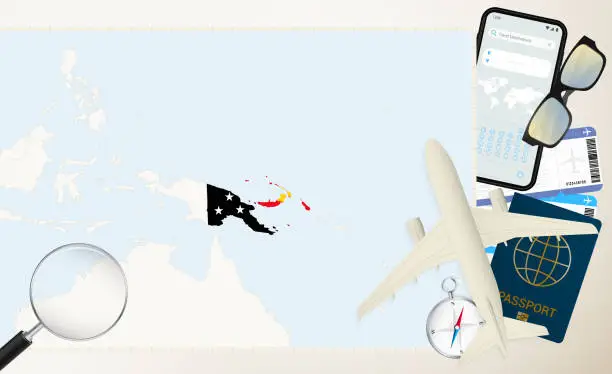 Vector illustration of Papua New Guinea map and flag, cargo plane on the detailed map of Papua New Guinea with flag.