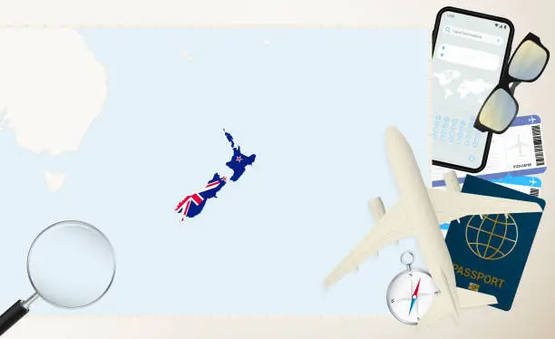 Vector illustration of New Zealand map and flag, cargo plane on the detailed map of New Zealand with flag.