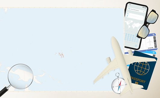 Marshall Islands map and flag, cargo plane on the detailed map of Marshall Islands with flag, passport, magnifying glass and airplane. Vector template.