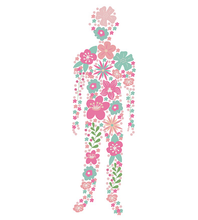 Blooming organism. A silhouette of a man filled with small simple flowers. Aligoria. Abstraction. Vector stock illustration isolated on white background.