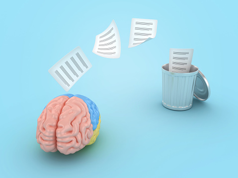Brain with Trash Can and Documents - Color Background - 3D rendering