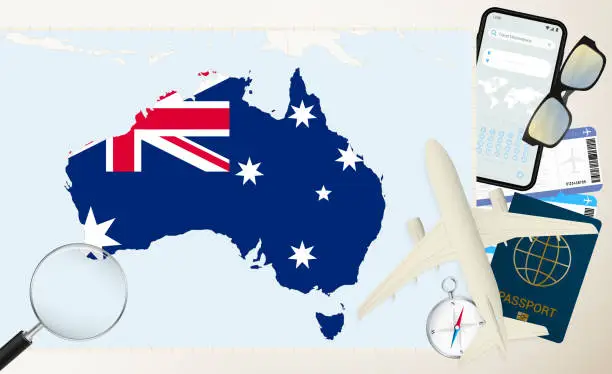 Vector illustration of Australia map and flag, cargo plane on the detailed map of Australia with flag.