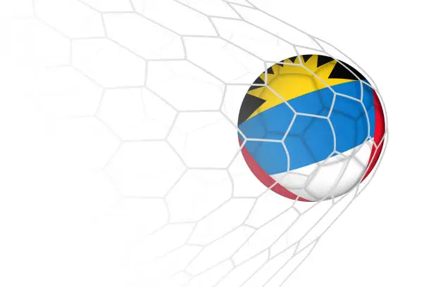 Vector illustration of Antigua and Barbuda flag soccer ball in net.