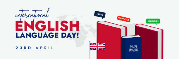 23 kwietnia. międzynarodowy dzień języka angielskiego. 23 kwietnia obchody dnia języka angielskiego w mediach społecznościowych z flagą wielkiej brytanii i tekstem napisanym w kolorze niebieskim i czerwonym. dymki z angielskimi książkami ze słowa - hello angielskie słowo stock illustrations