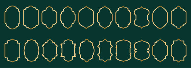 ilustrações, clipart, desenhos animados e ícones de forma de moldura de arco dourado porta ou janela islâmica, padrão geométrico, silhueta arco árabe. luxo em estilo oriental. quadros em design árabe muçulmano para o ramadã kareem. ilustração vetorial - mirror ornate silhouette vector