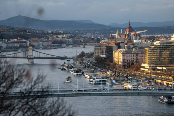 Budapest, Hungary: February 20, 2024: Cityscape view. Parliament building on the background.