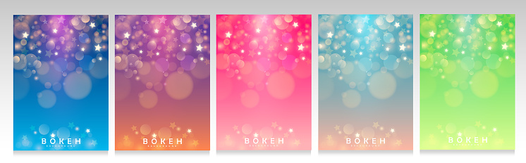 Colorful bokeh cover collection. Shiny stars, glow and sequins, blurred effect. Bright colors for a modern, magical and elegant design template.