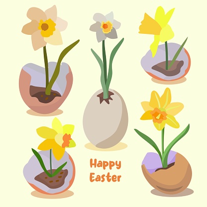 Vector illustration of a narcissus growing in an eggshell. Pastel colors, yellow, orande, green, beige. Easter. For postcards, invitations, children's magazines.