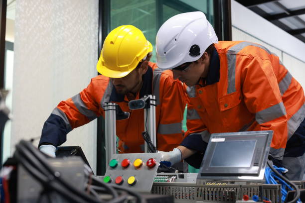 istock Two engineers check and control the welding robotics automatic arm machines in an intelligent factory that produces auto parts. 2084426523