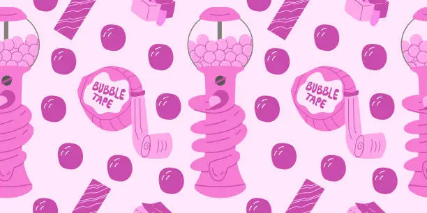 Vector illustration of Seamless pattern with pink bubble gum machine bubble tape strawberry fruit gum and chewing candy.