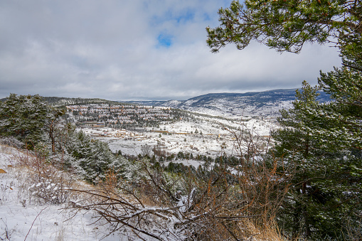 Marvelous winter landscape in the Gudar mountains with snow covered pine trees. Frosty outdoor scene in Alcala de la Selva Teruel Aragon Spain